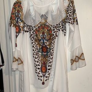 VENUS White Cold-Shoulder Blouse with Gold, Brown & Red Accents